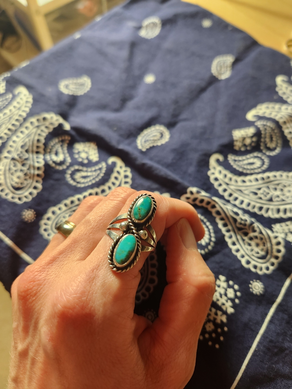 Sterling Silver Double Turquoise Ring - Blue Green Stones